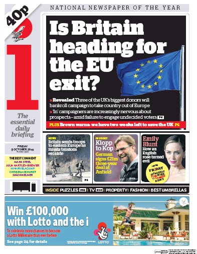 I Newspaper (UK) Newspaper Front Page for 10 October 2015