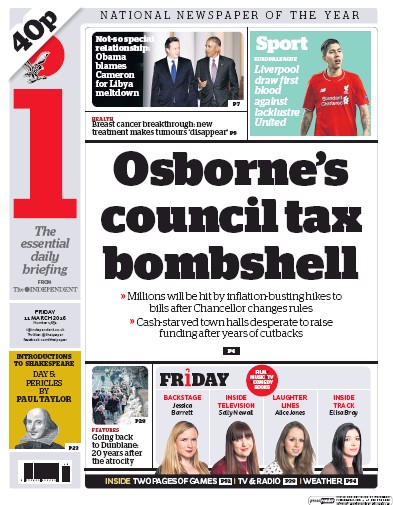 I Newspaper (UK) Newspaper Front Page for 11 March 2016