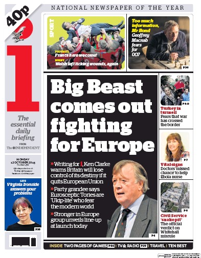 I Newspaper (UK) Newspaper Front Page for 12 October 2015
