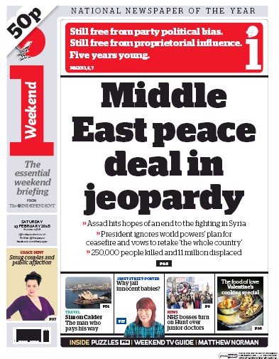 I Newspaper (UK) Newspaper Front Page for 13 February 2016