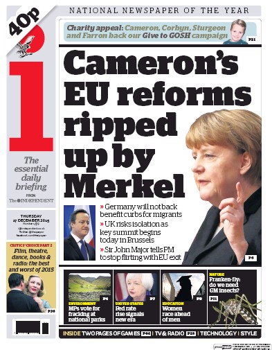 I Newspaper (UK) Newspaper Front Page for 17 December 2015