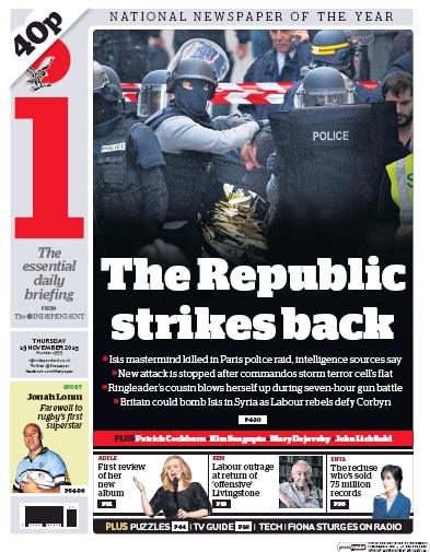 I Newspaper (UK) Newspaper Front Page for 19 November 2015
