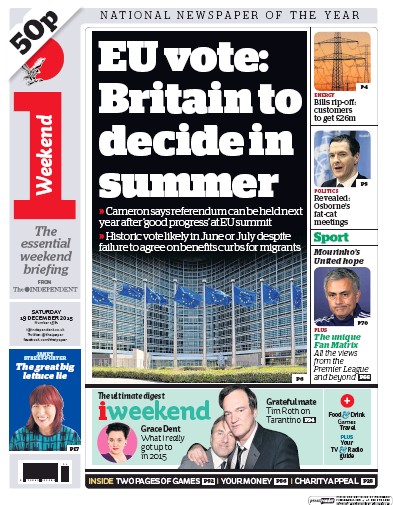 I Newspaper (UK) Newspaper Front Page for 19 December 2015