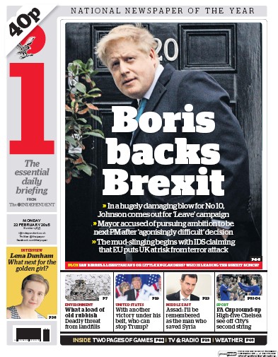 I Newspaper (UK) Newspaper Front Page for 22 February 2016