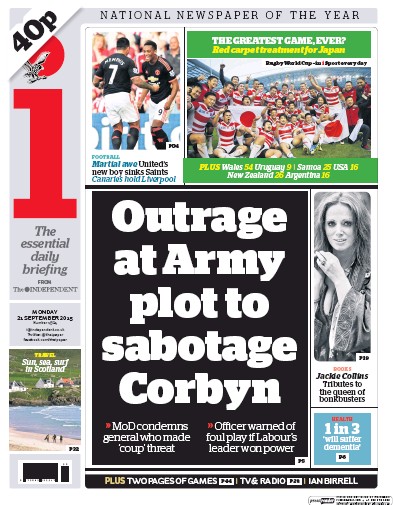 I Newspaper (UK) Newspaper Front Page for 23 September 2015