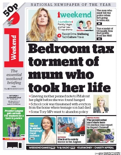 I Newspaper (UK) Newspaper Front Page for 25 January 2016