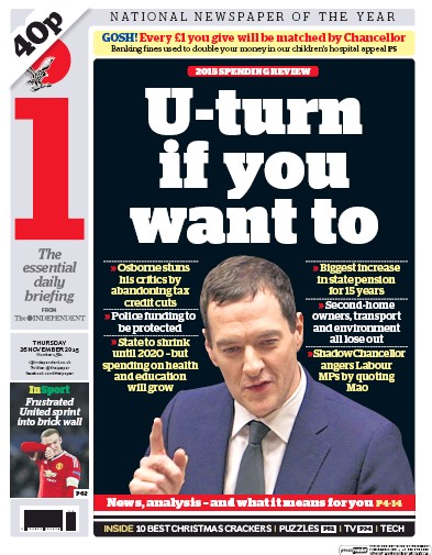 I Newspaper (UK) Newspaper Front Page for 26 November 2015