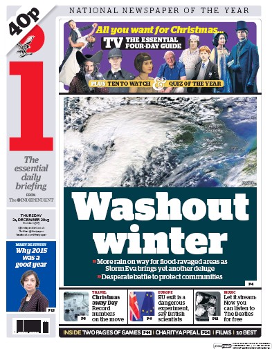I Newspaper (UK) Newspaper Front Page for 26 December 2015