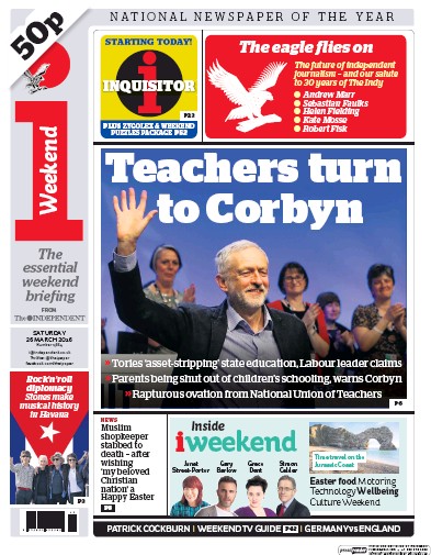 I Newspaper (UK) Newspaper Front Page for 26 March 2016