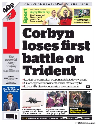 I Newspaper (UK) Newspaper Front Page for 28 September 2015