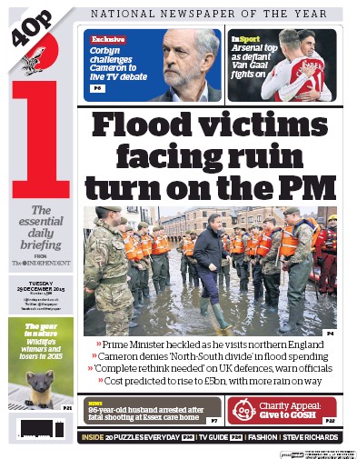 I Newspaper (UK) Newspaper Front Page for 30 December 2015