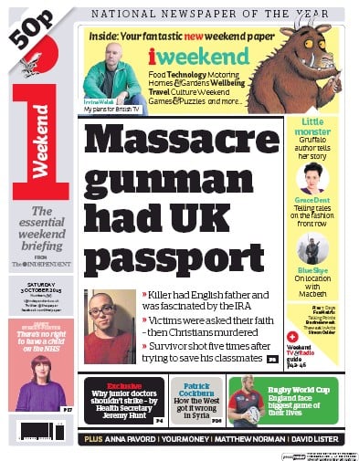 I Newspaper (UK) Newspaper Front Page for 3 October 2015