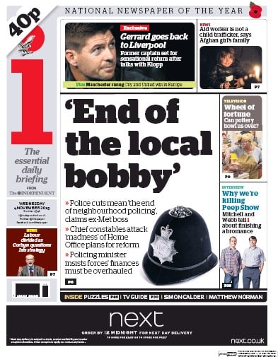 I Newspaper (UK) Newspaper Front Page for 4 November 2015