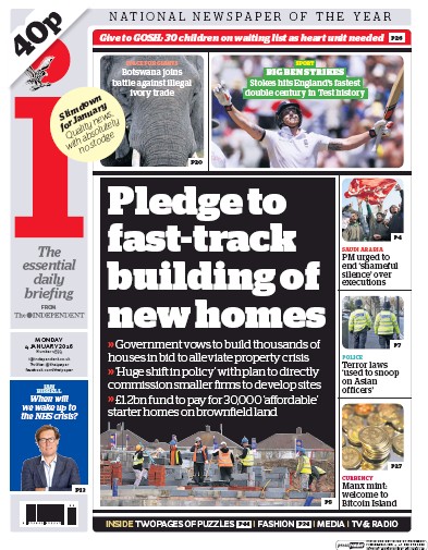 I Newspaper (UK) Newspaper Front Page for 4 January 2016