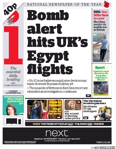 I Newspaper (UK) Newspaper Front Page for 5 November 2015