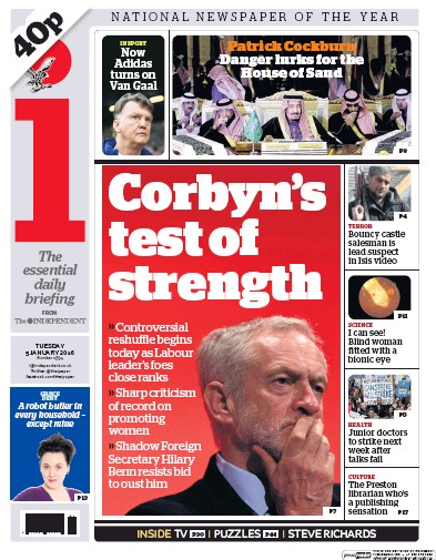 I Newspaper (UK) Newspaper Front Page for 5 January 2016
