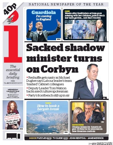 I Newspaper (UK) Newspaper Front Page for 6 January 2016