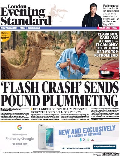 London Evening Standard Newspaper Front Page for 10 October 2016