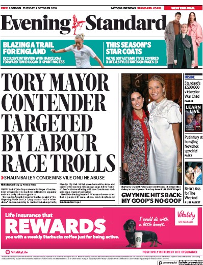 London Evening Standard Newspaper Front Page for 10 October 2018