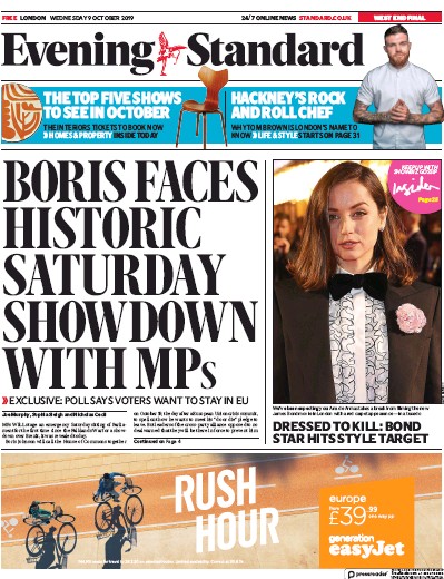 London Evening Standard Newspaper Front Page for 10 October 2019