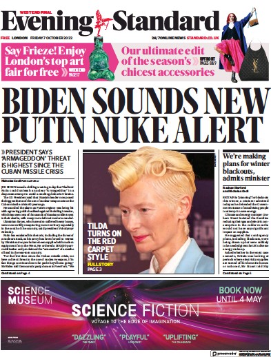 London Evening Standard Newspaper Front Page for 10 October 2022