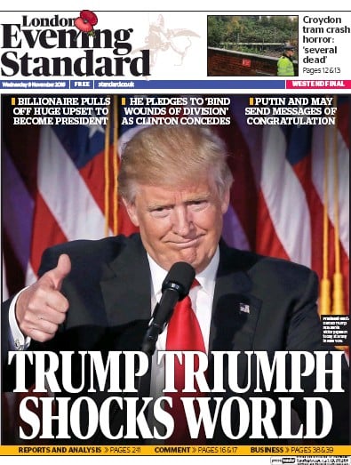 London Evening Standard Newspaper Front Page for 10 November 2016