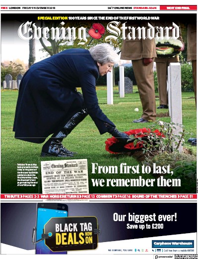 London Evening Standard Newspaper Front Page for 10 November 2018