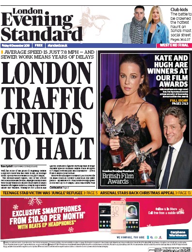 London Evening Standard Newspaper Front Page for 10 December 2016