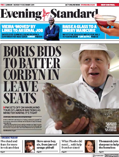 London Evening Standard Newspaper Front Page for 10 December 2019