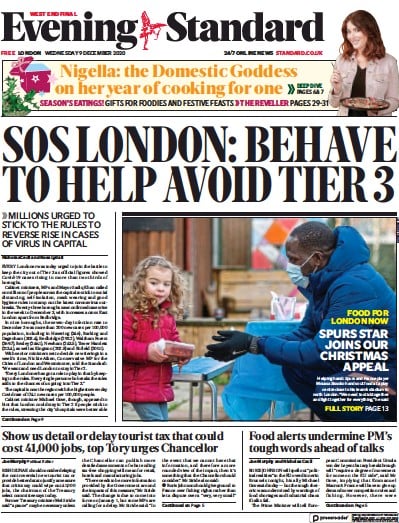 London Evening Standard Newspaper Front Page for 10 December 2020