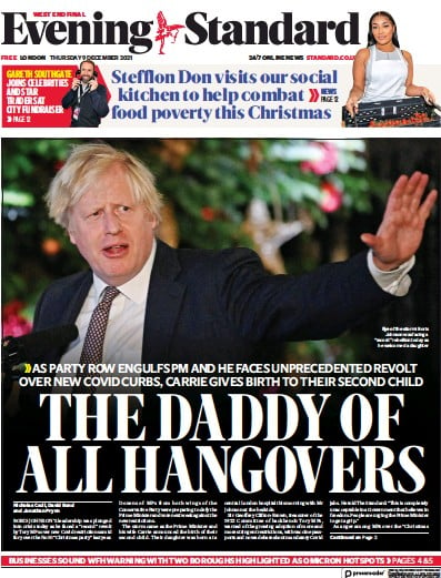 London Evening Standard (UK) Newspaper Front Page for 10 December 2021