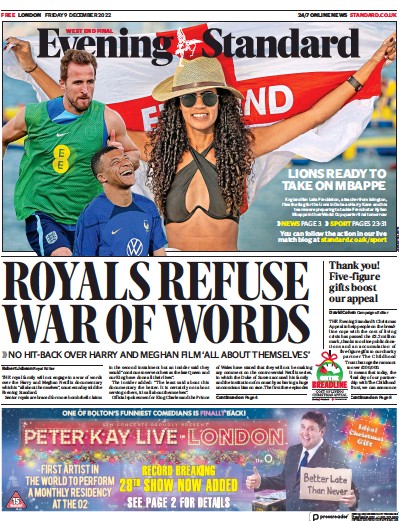 London Evening Standard Newspaper Front Page for 10 December 2022