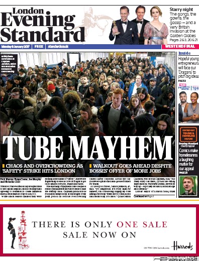 London Evening Standard Newspaper Front Page for 10 January 2017