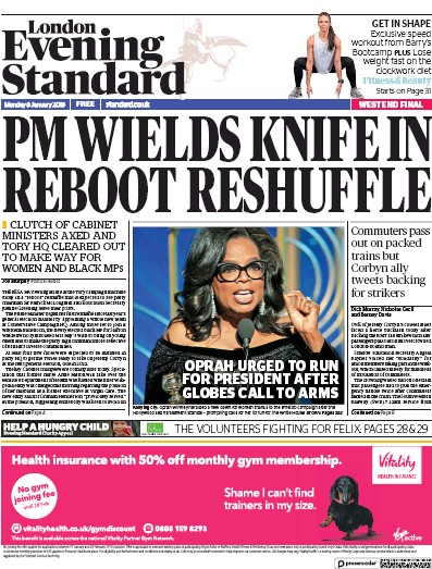 London Evening Standard Newspaper Front Page for 10 January 2018