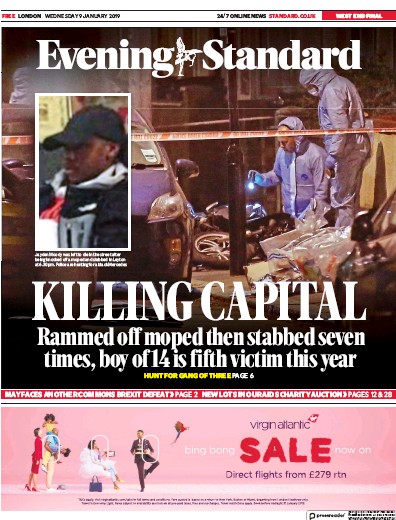London Evening Standard Newspaper Front Page for 10 January 2019