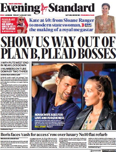 London Evening Standard (UK) Newspaper Front Page for 10 January 2022