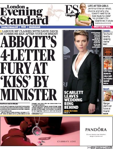 London Evening Standard Newspaper Front Page for 10 February 2017
