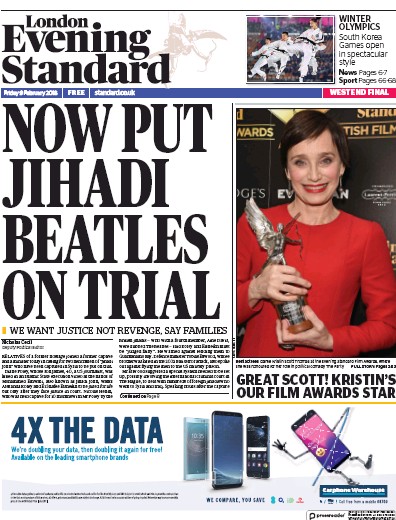 London Evening Standard Newspaper Front Page for 10 February 2018