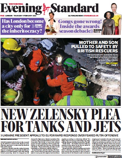 London Evening Standard (UK) Newspaper Front Page for 10 February 2023