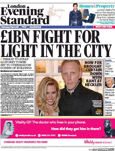 London Evening Standard Newspaper Front Page for 10 March 2016