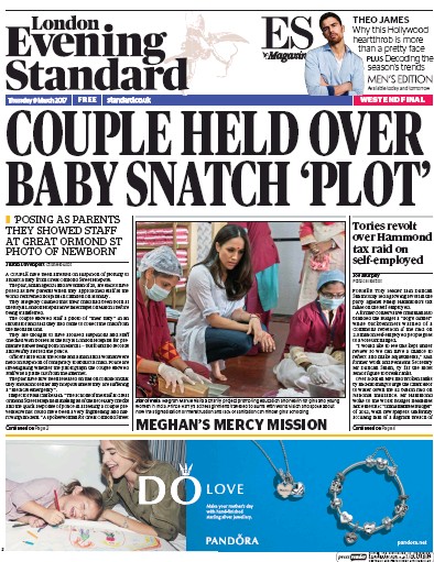 London Evening Standard (UK) Newspaper Front Page for 10 March 2017