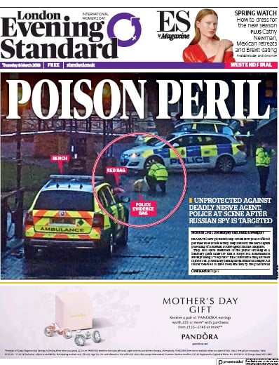 London Evening Standard Newspaper Front Page for 10 March 2018