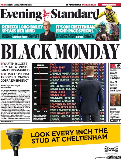 London Evening Standard Newspaper Front Page for 10 March 2020