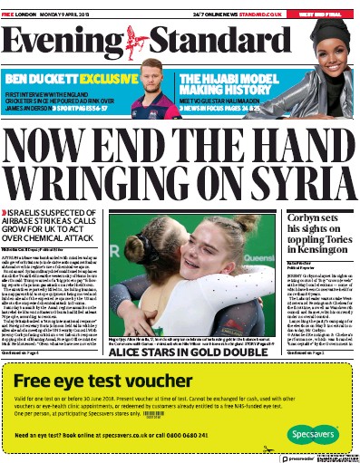 London Evening Standard Newspaper Front Page for 10 April 2018