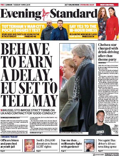 London Evening Standard Newspaper Front Page for 10 April 2019