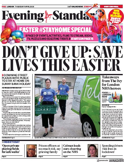 London Evening Standard Newspaper Front Page for 10 April 2020