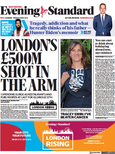 London Evening Standard (UK) Newspaper Front Page for 10 April 2021
