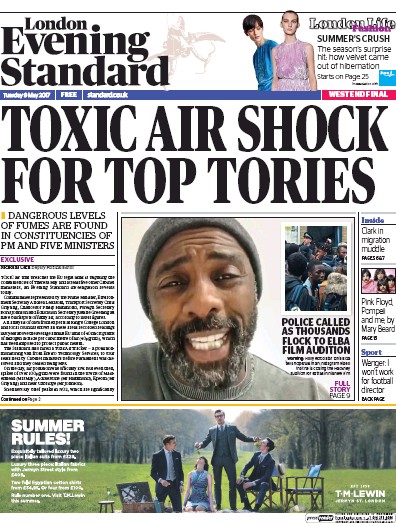 London Evening Standard Newspaper Front Page for 10 May 2017