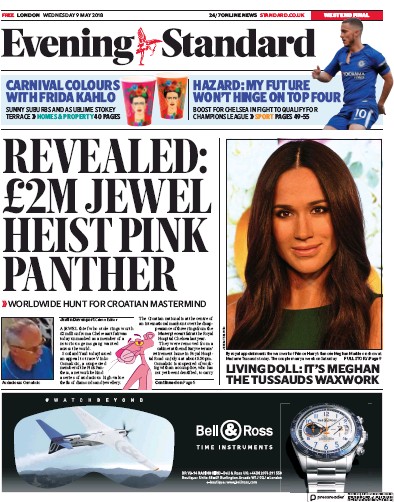 London Evening Standard Newspaper Front Page for 10 May 2018