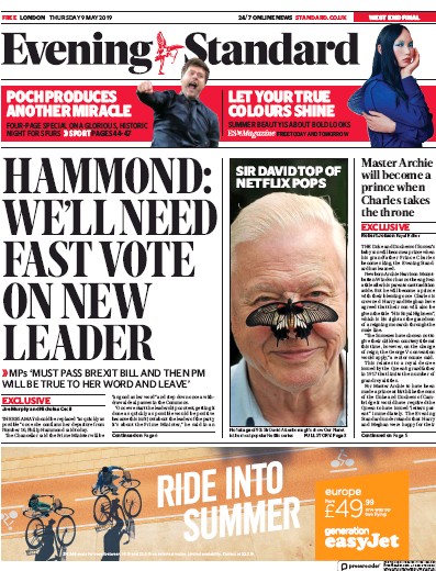 London Evening Standard (UK) Newspaper Front Page for 10 May 2019